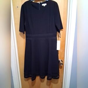 NWT Calvin Klein A-Line Black Midi Dress with Crew Neck Size 12 Zipper Back
